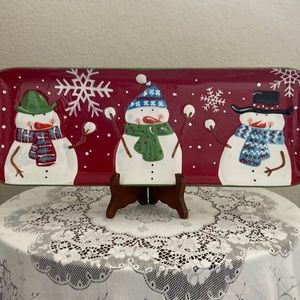 Pier 1 Imports Jolly Holiday Snowman Platter Hand Painted Dolomite. 19”x 8”.